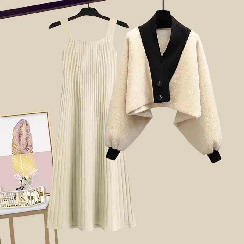 Ensemble pull et robe slim pour femme, grand manteau, version coréenne, automne et hiver, nouveau, 2 pièces, 2023