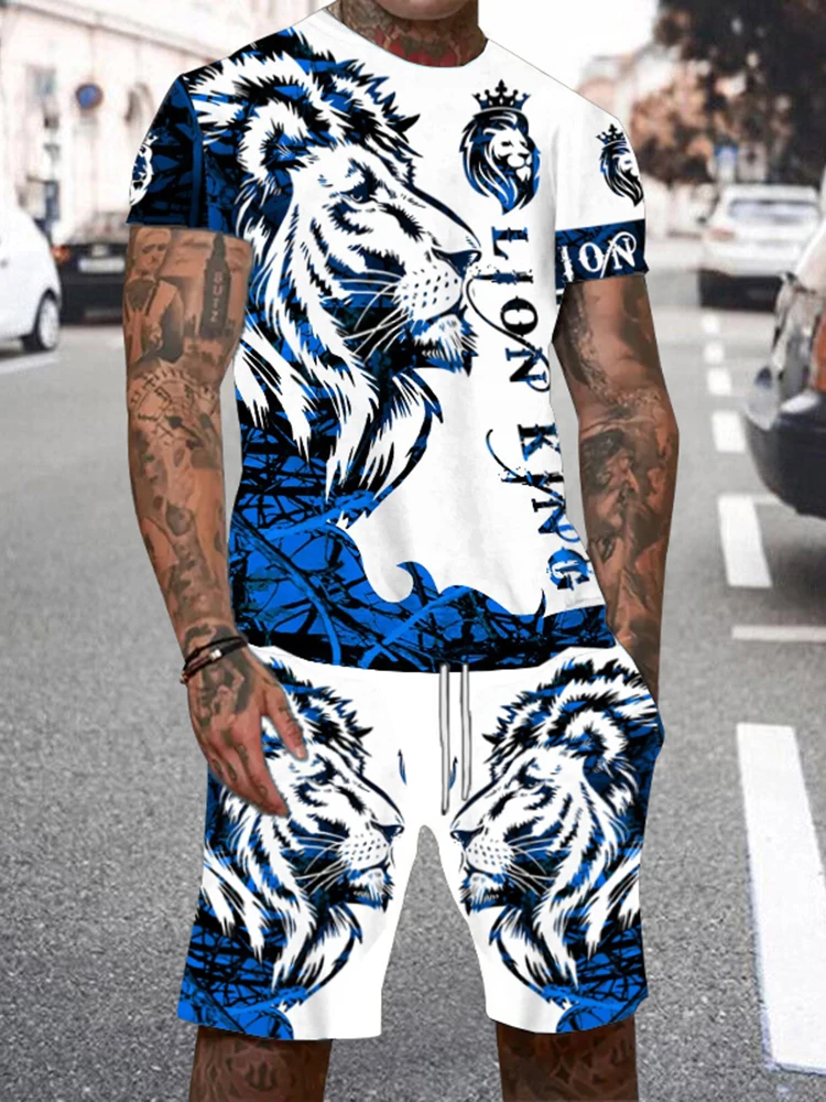 

Summer New Arrivals: Men's Casual Short-sleeved Set And Shorts, Lion King Printed T-shirt With Lace-up Shirt