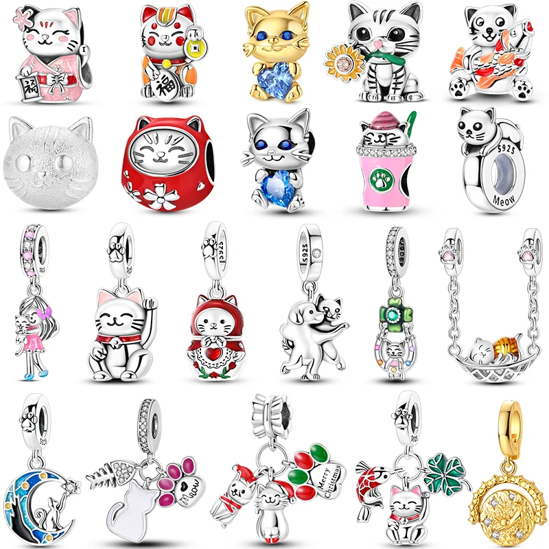 2026 925 Sterling Silver Lucky Cat Koi Fish Four-Leaf Clover Carp Cat Paw Fit Original Bangle Necklace Bracelet DIY Jewelry Gift