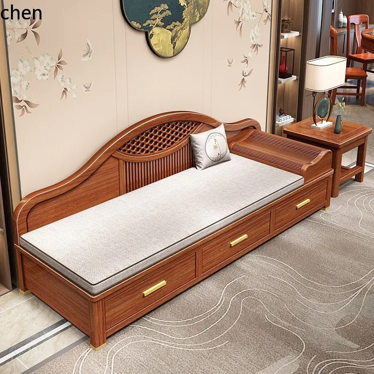 HXL  Style Purple Sandalwood Chaise Longue Chair Winter Summer Dual-use Wood Wax Oil Sofa Chair Storage Sofa Bed