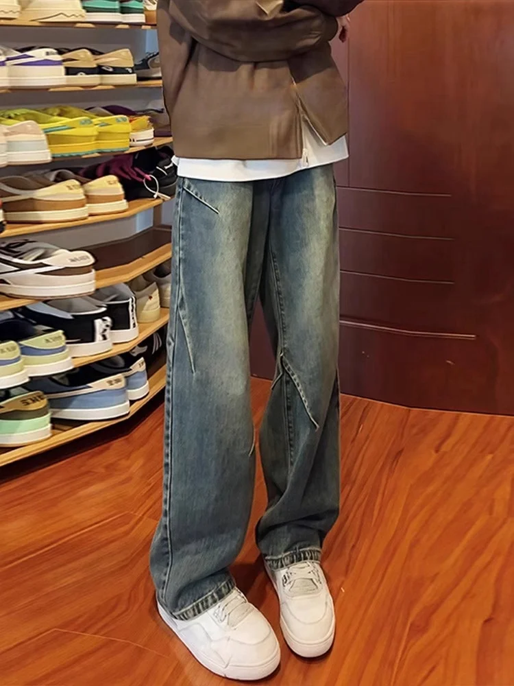 

Мужские джинсы из денима с синей подкладкой в стиле ретро, осенне-зимние, в американском винтажном стиле, повседневные, прямого кроя