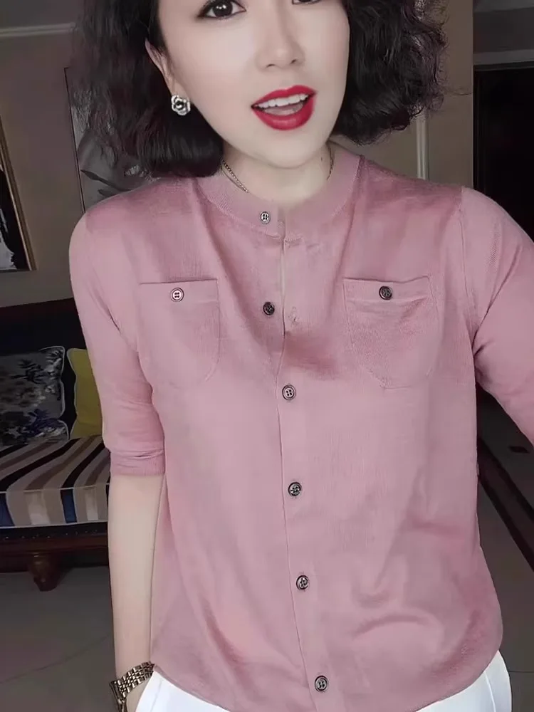 Cárdigan Abierto de Punto de Color Puro Estilo Coreano, Moda de Verano, Informal, Manga Corta, Bolsillo, Diseño de un Solo Bo...