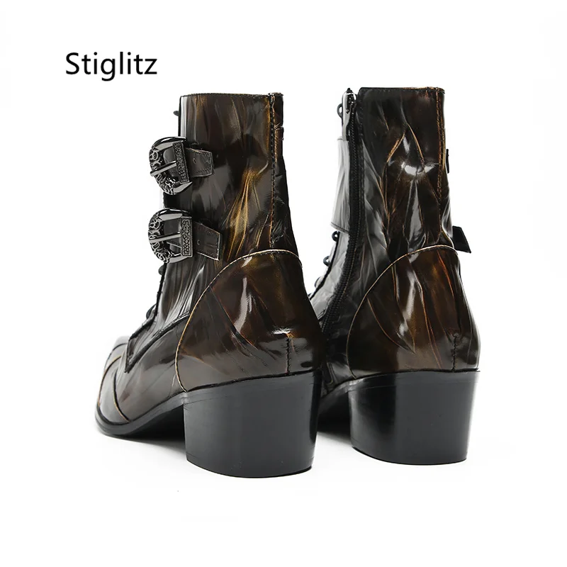 Double Buckle Patent Leather Ankle Boots for Men Metal Toe Zipper Brown Yellow Mixed Colors Short High Heel Boots Pleated Shoes