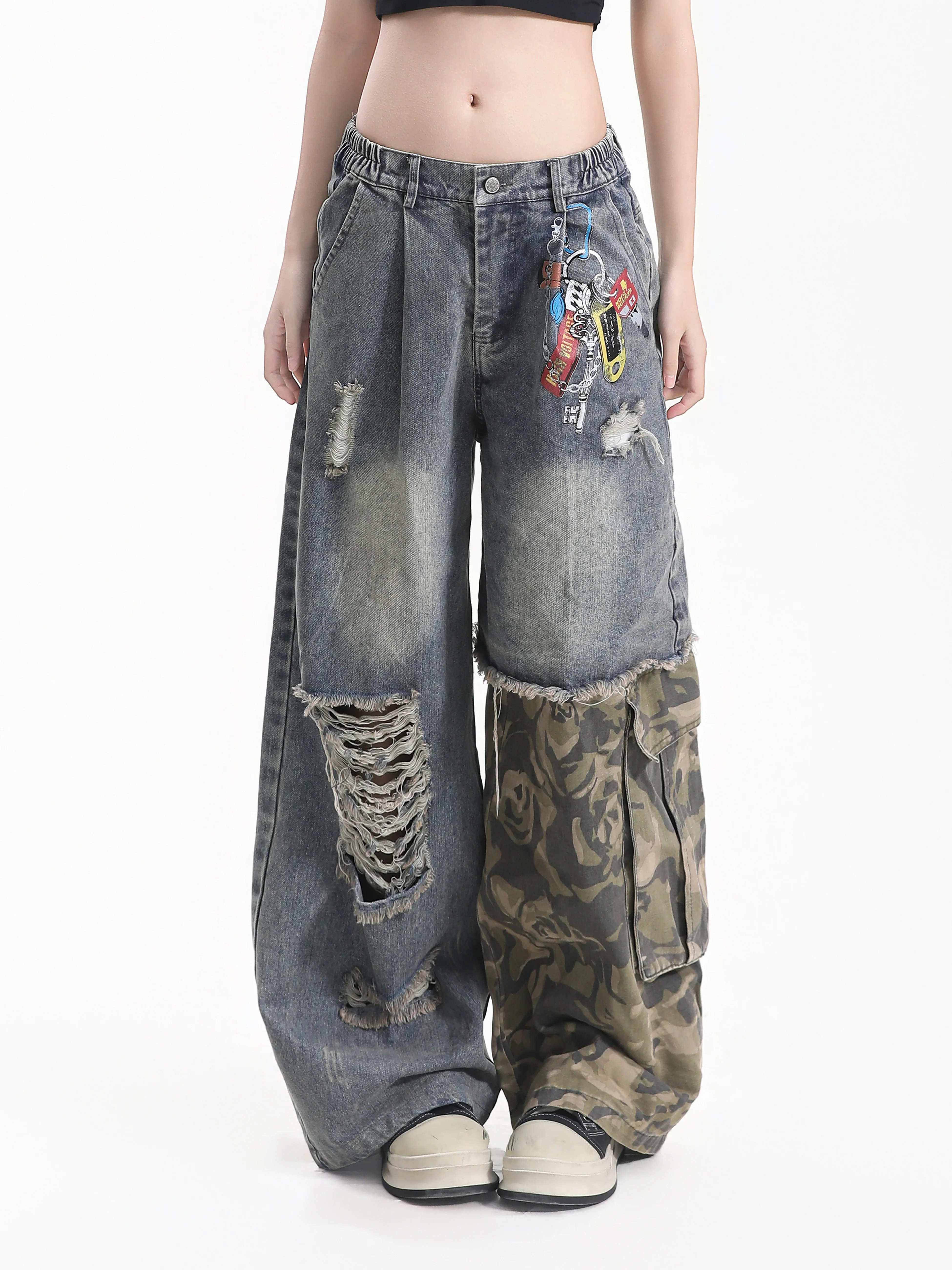 Small Ball High Street Hanging Buckle Denim Workwear Pants Women's Camouflage Patchwork Hole Frayed  Neutral Wide Leg Pants
