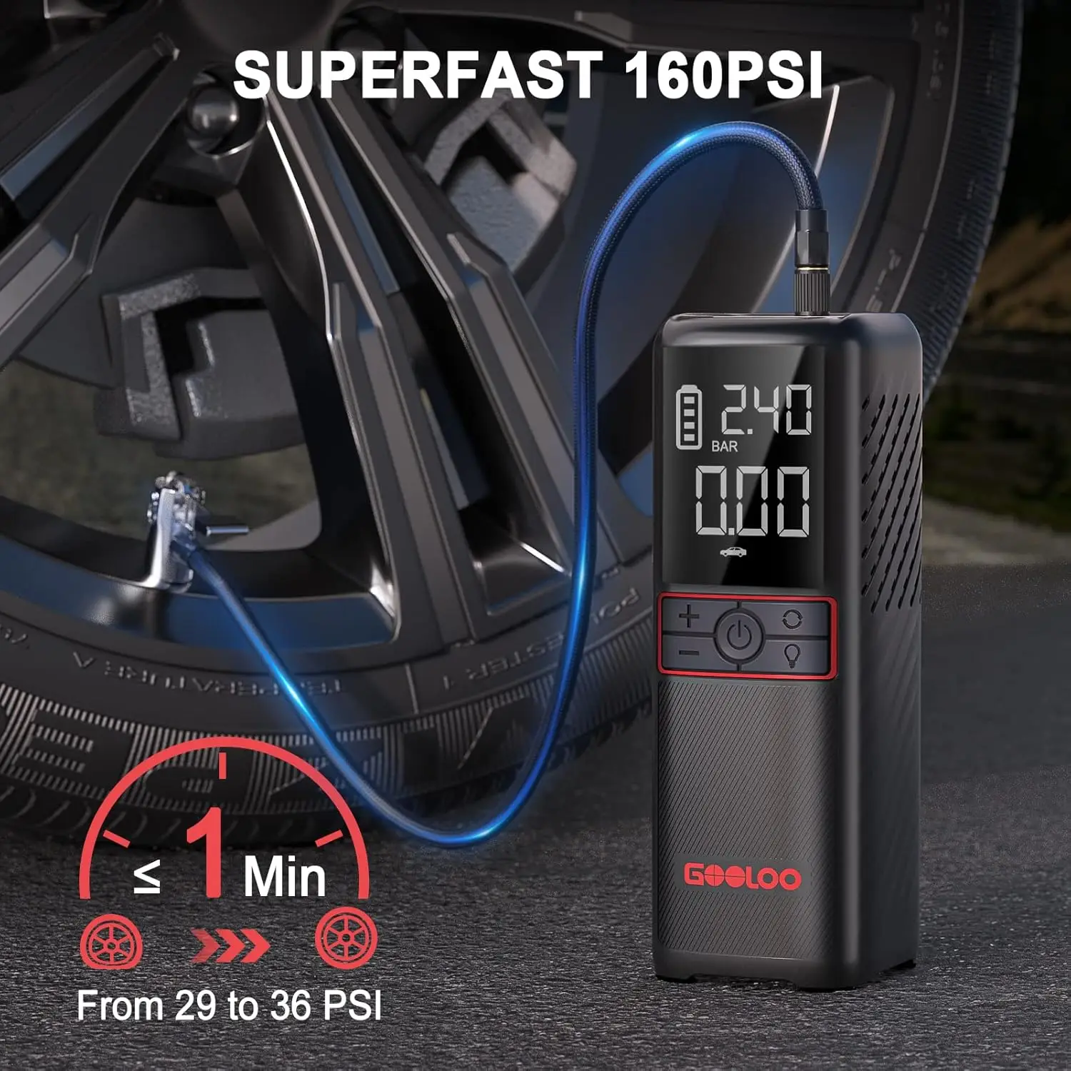 Tire Inflator Portable Air Compressor, 2X Faster 160PSI Portable Air Pump for Car Tires, Cordless Tire Pump with Digital Pressur