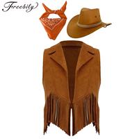 Western Cowboy Costume for Kids Girls Wild West Suede Tassels Fringe Vest Waistcoat with Bandana Hat Halloween Cosplay Dress Up