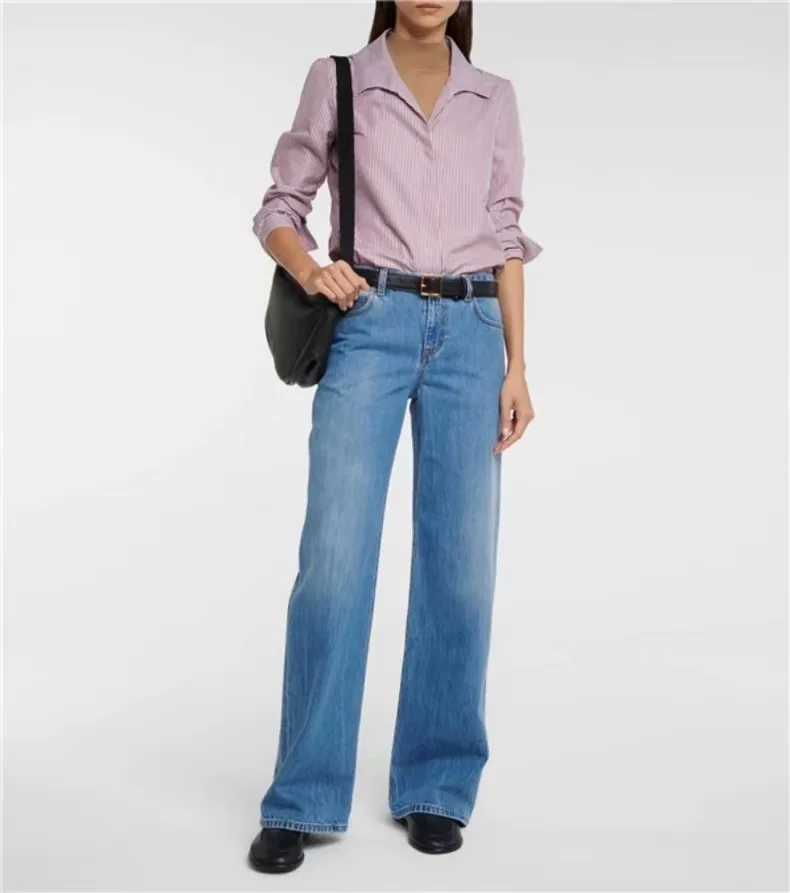 THE ROWS 25SS Spring/Summer High Waisted Loose Wide Leg Draped Dragging Straight Leg Denim Trousers