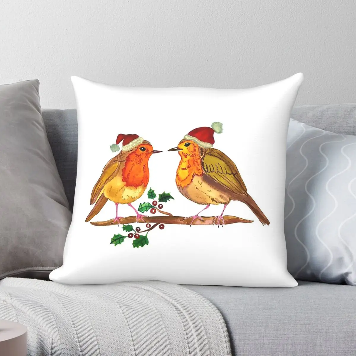 Robin Christmas Birds Square Pillowcase Polyester Linen Velvet Printed Zip Decorative Pillow Case Room Cushion Cover