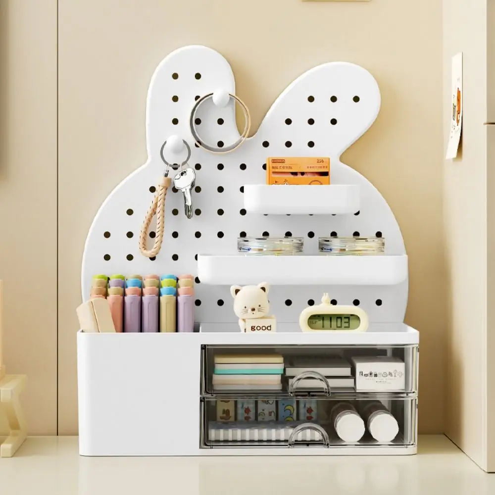 Large Capacity Desktop Organizers with Drawers with 2 Hooks Multifunction Desktop Hole Board Display Stand Rabbits Kawaii