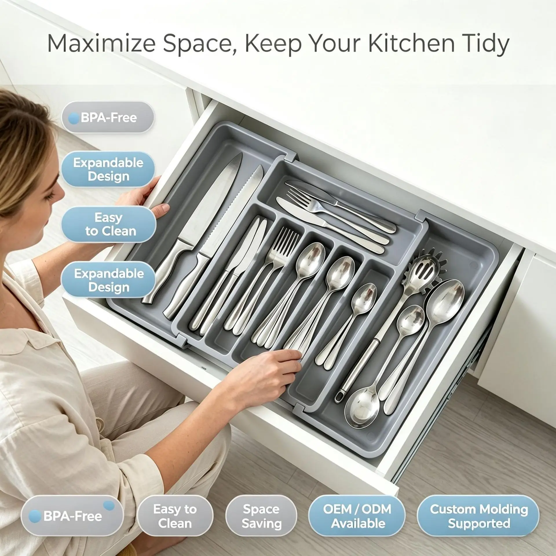 Retractable Uncovered Tableware Storage Box, Kitchen Drawer 5-grid Knife and Fork Finishing, Plastic Storage Tray