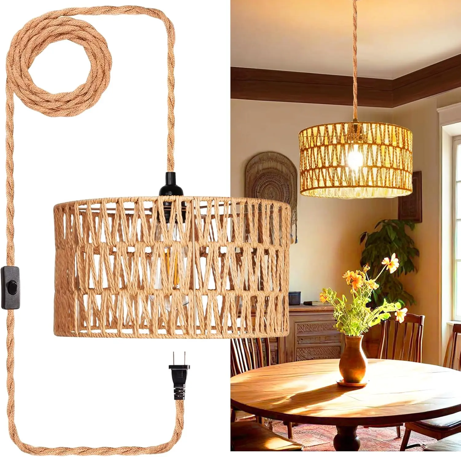 

Rattan Plug-in Pendant Light, Handmade Hanging Lamp with Adjustable Cord, E26 Base for Living Room Bedroom