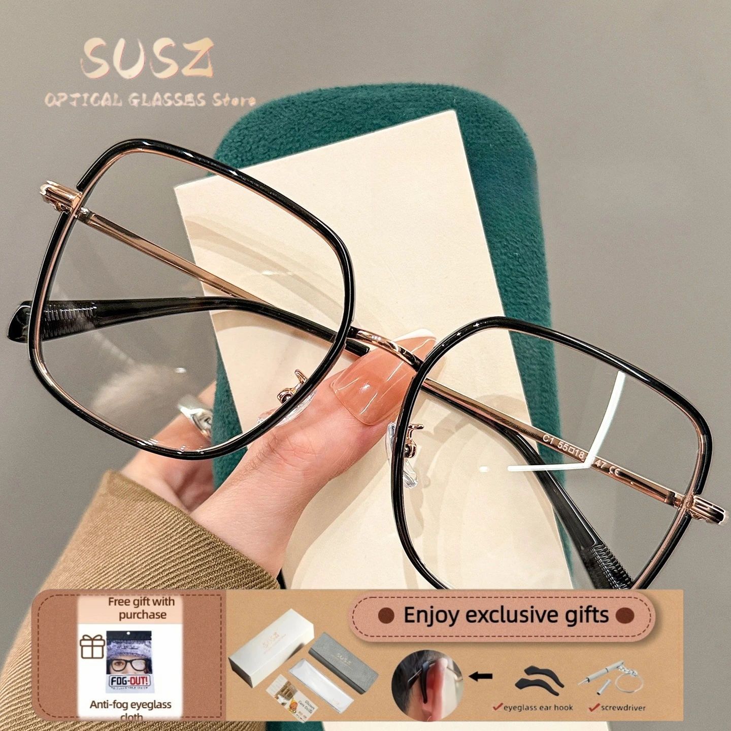 

SUSZ New Fashion Large Polygonal Women Reading Glasses Anti Blue Light Progressive Prescription Glasses Myopia Optical Eyewear