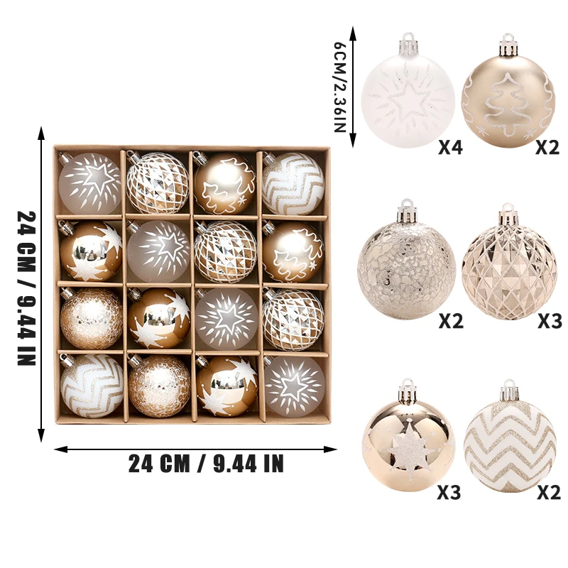 1Box Mixed Christmas Ball Ornament White Gold Xmas Tree Hanging Bauble Pendants Christmas Decorations For Home Navidad Noel