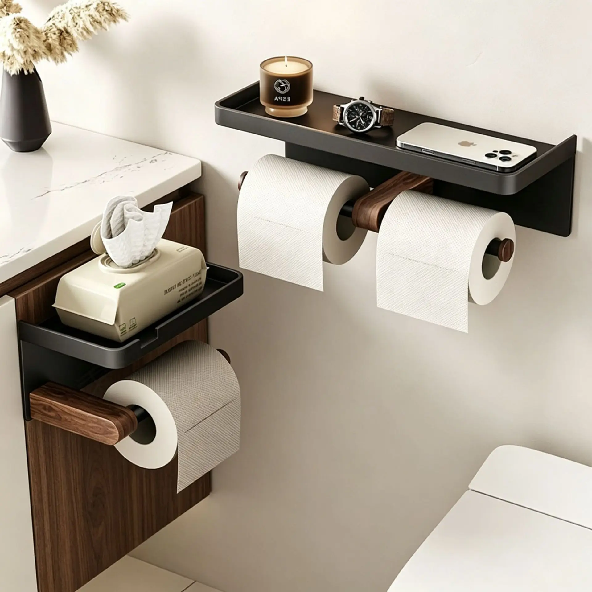 Walnut-finish bathroom tissue holder; storage for face towels; toilet roll holder