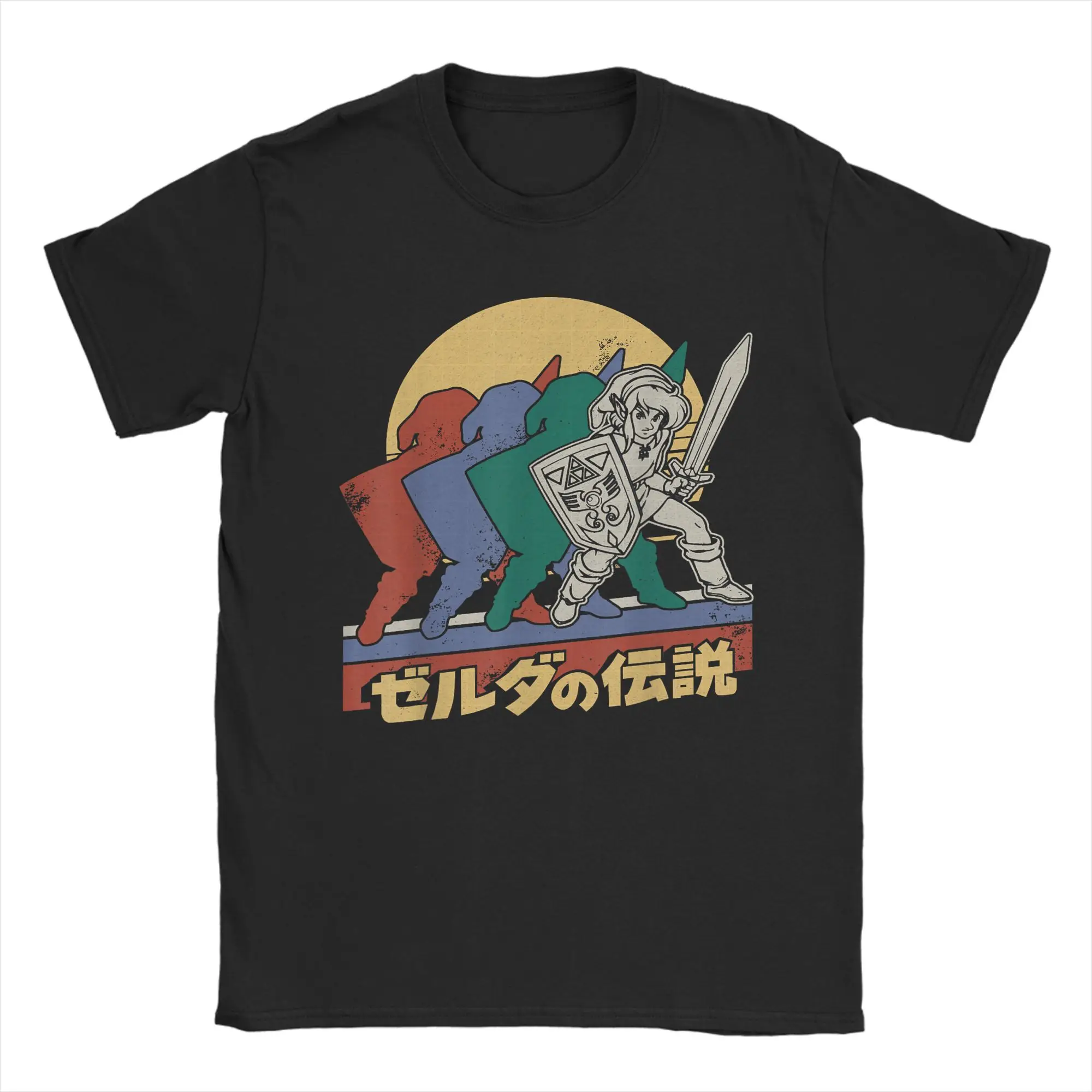 Vintage The Legends of Zeldas Retro Link Kanji Portrait T-Shirts for Men 100% Cotton T Shirt Short Sleeve Tees Printed Tops