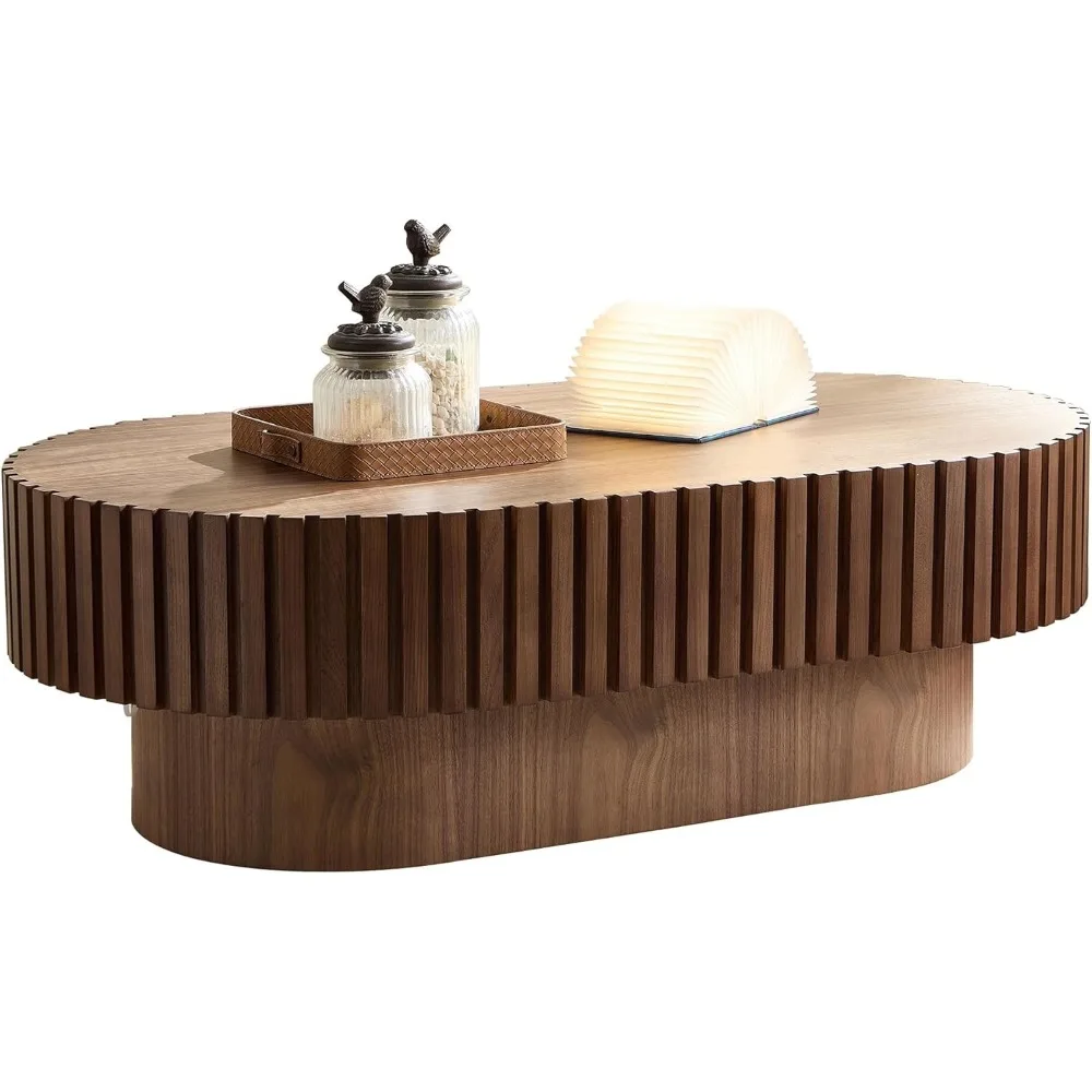 

Oval Coffee Table, Modern Handcraft Solid Wood Drum Coffee Table with Sturdy Pedestal, 43.7''L24.8''W13.78''H (Walnut)