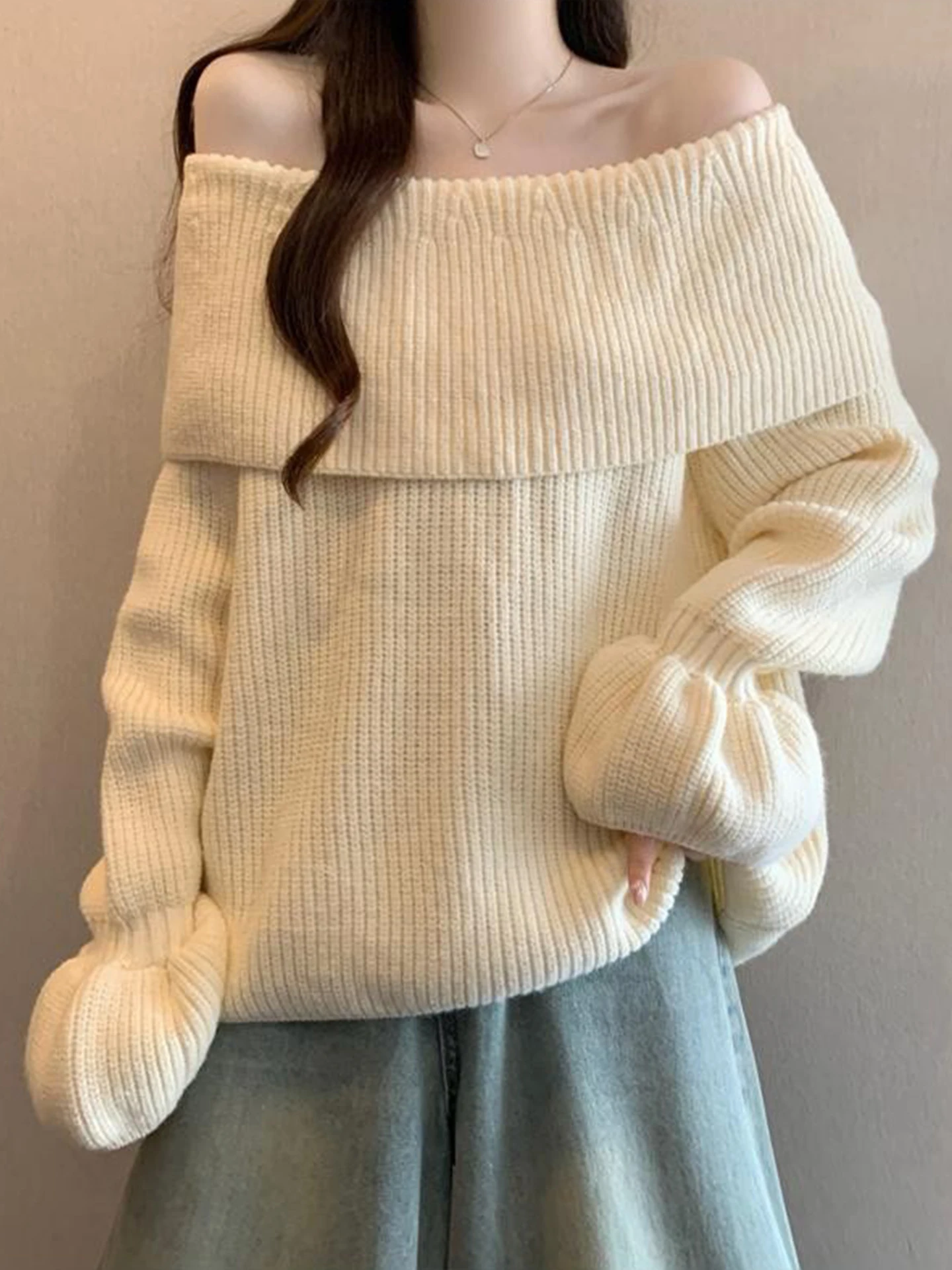 

Вязаный свитер Ele с открытым плечом, женский, свободного кроя, удобный, осенне-зимний, модный, для повседневной носки, с длинными рукавами