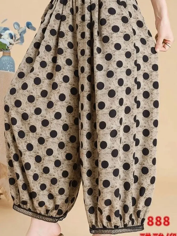 Verano 2025 pantalones sueltos de algodón y lino con lunares, pantalones de pierna ancha, cintura elástica artística, pantalones casuales Harlan con estampado Floral para ir al trabajo