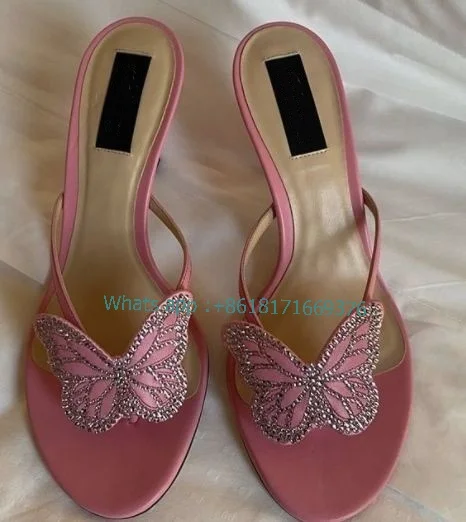 New Pink Butterfly Flipflop Slides Women Beach High Heel Thin Belt Open Toe Sandals Evening Lady Roman Dress Shoes