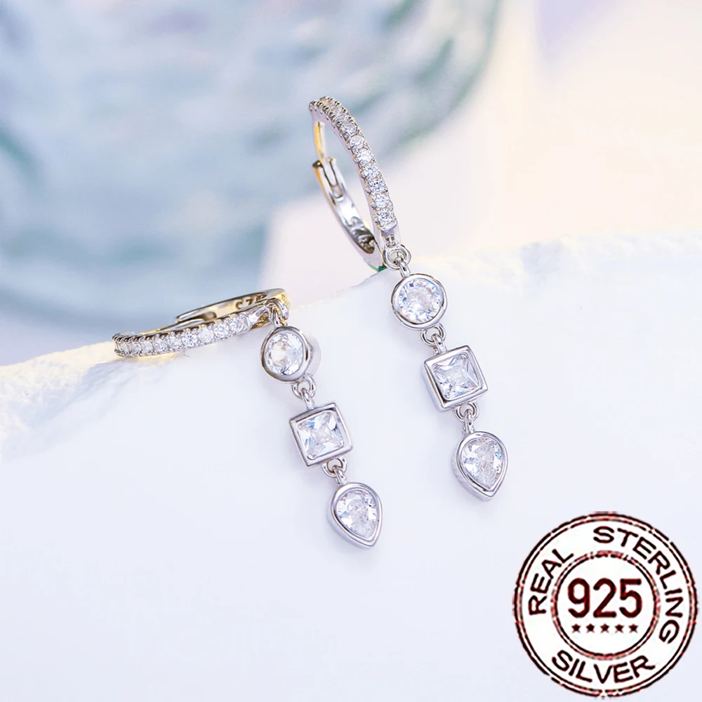 

CWWZircons Sterling Silver 925 Luxury Geometric Long Dangle Hoop Earring for Women Cubic Zircon Wedding Party Fine Jewelry SE014