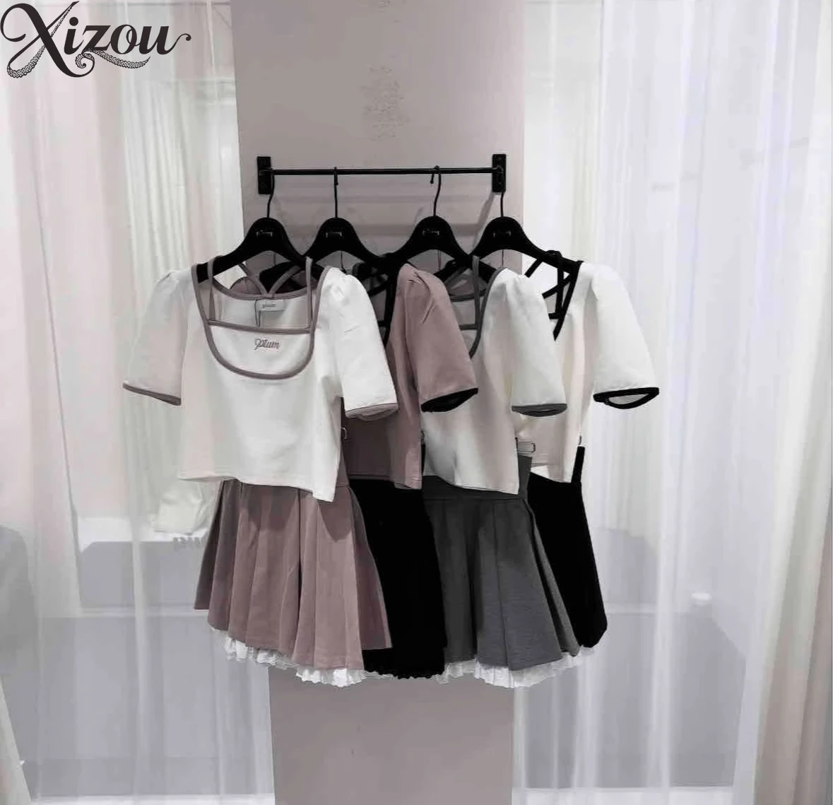 2025 conjunto de falda de mujer de cintura alta A-line Mini Y2K Primavera Verano Casual coreano japonés Patchwork camisa de manga corta traje plisado