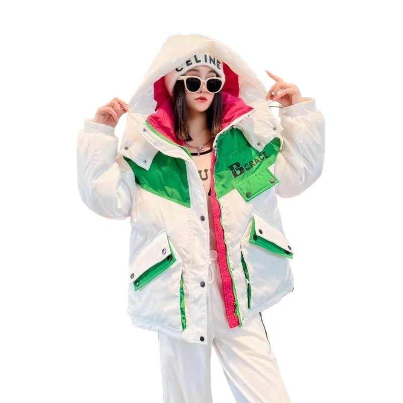Women's New Autumn and Winter Contrasting Color Splicing Small Thickened Warm Medium and Long Coat Hooded Overcoats Down Jacket