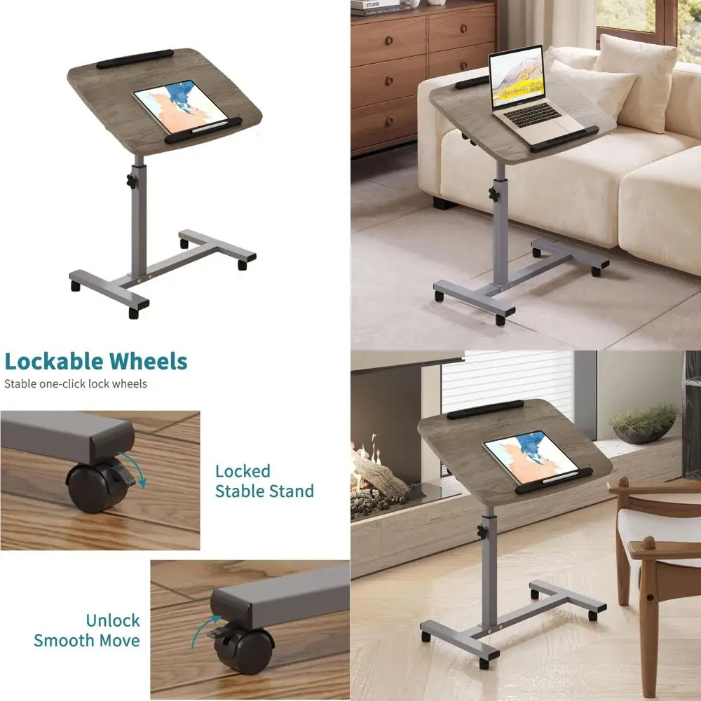 Laptop Table Mobile Adjustable Height Portable Desk Notebook Swivel PC Computer Rolling Desk with Wheels, Laptop Stand for Couch