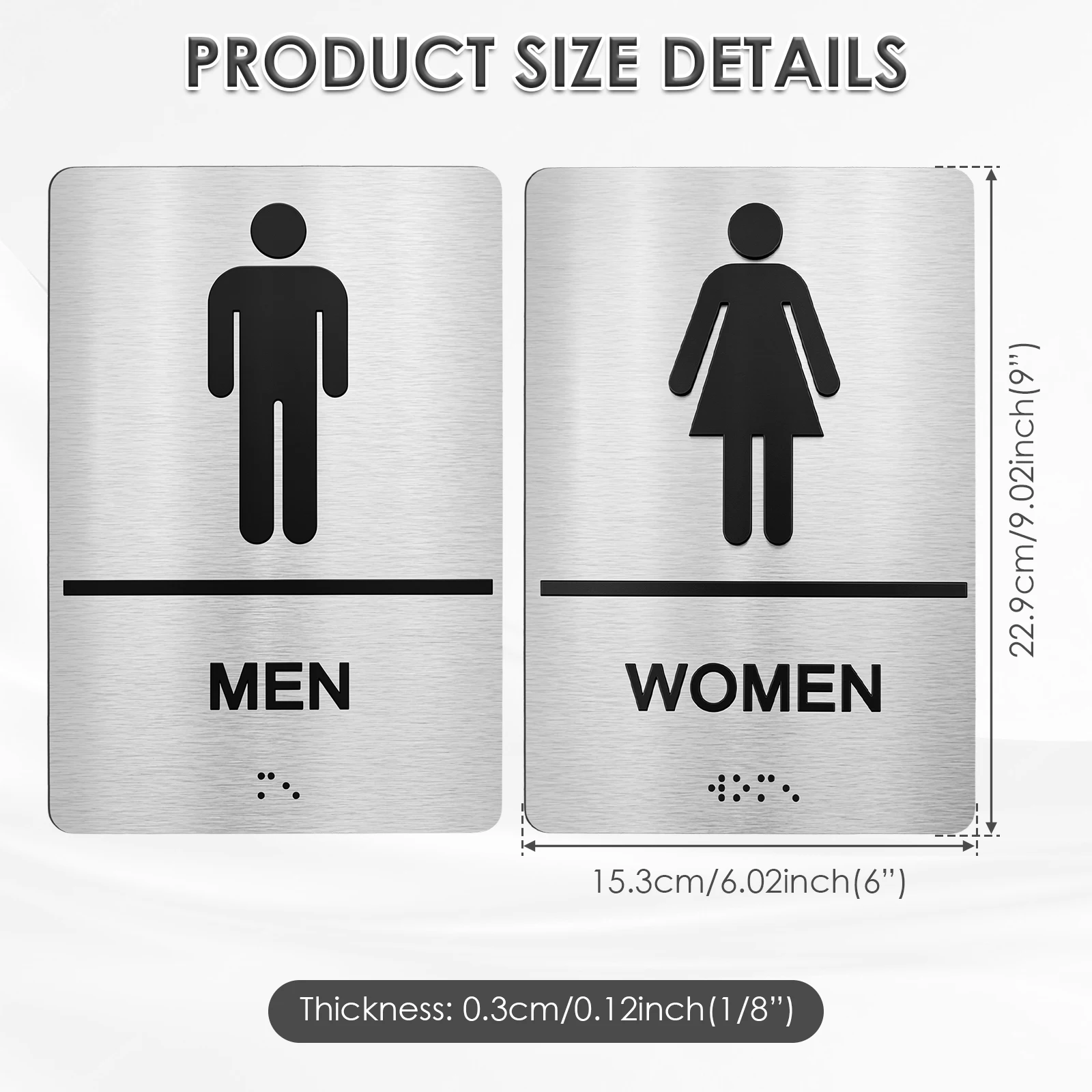 Self-adhesive Bathroom Sign Brushed Aluminum Bathroom Sign Raised Braille Men Women Restroom Toilet Sign Board Mark Office Mall