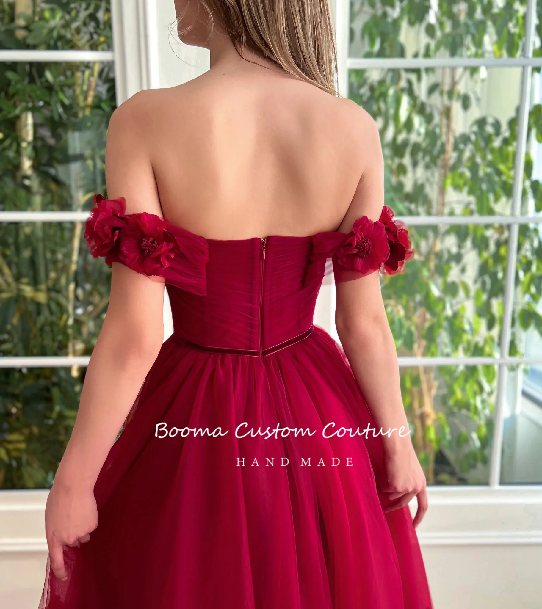 Booma Bourgondië Tulle A-lijn Prom Dresses Uit De Schouder Handgemaakte 3D Bloemen Hoge Split Maxi Avondjurken Formele Party Jurken