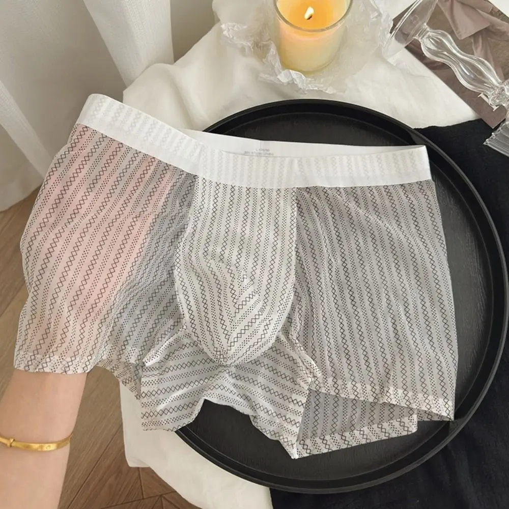 

Модные тонкие трусы-боксеры из ледяного шелка, прозрачные дышащие прохладные трусы, бесшовные боксеры в полоску с леопардовым принтом, повседневные