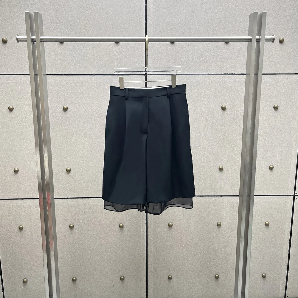 Elegant Women Black Midi Skirt High Waist A-line Skirt Mesh Patchwork Hem Solid Color Office Wear Mid Length Skirt for Female