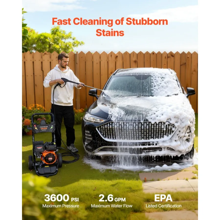 Gas Pressure Washer 3600 PSI 2.6 Max GPM Full Copper Pump Spray Gun and Wand 5 Nozzle Set 26 ft Hose Gas Powered for Cars Fence