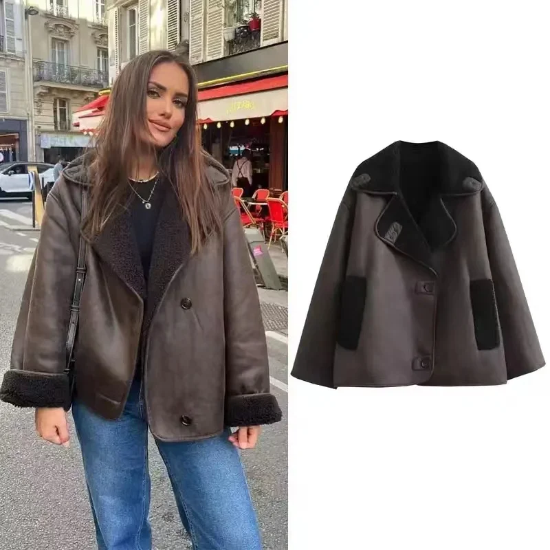 

2024 Woman Thick Faux Leather Jackets For Women Autumn Winter Warm Wool Blends Coats Demi-Season Plush Jacket Outerwear Female