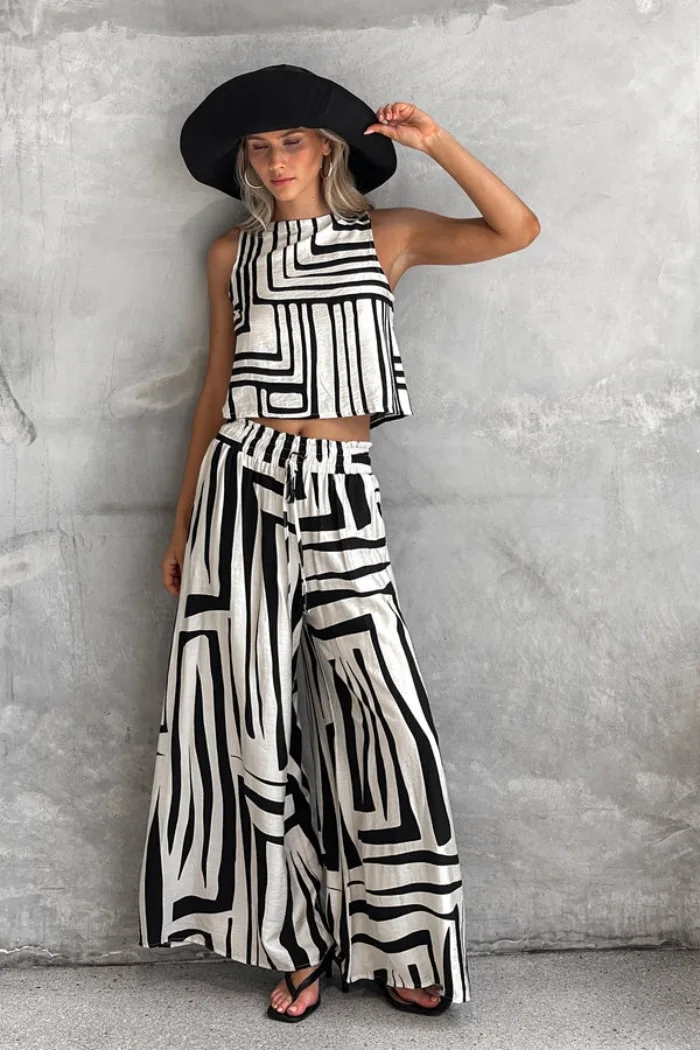 

Summer Geometry Print Pants Sets Women Sleeveless Cropped Top Wide Legs Trousers Two Piece Set Casual All-match Female Clothing