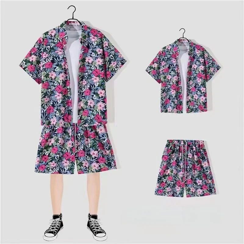 

Summer Men's Casual Beach Suit Loose Handsome Hawaiian Beach Travel Quick Drying Short Sleeve Floral Shirt Shorts Two Piece Set