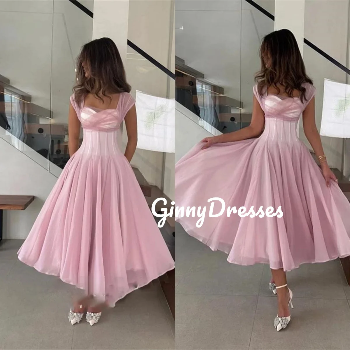 

فساتين سهرة Customize A-Line Square Neckline Ruffle Birthday Dresses Luxury Floor-Length Dresses For Prom Zipper Up Sleeveless