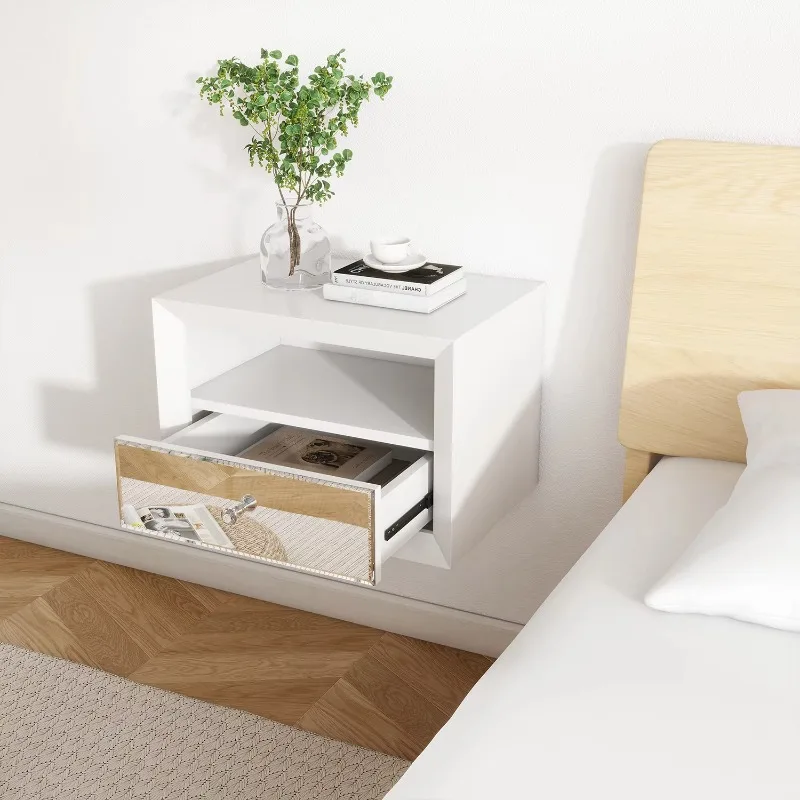 Simple floating bedside table Double-layer mirror single drawer Wall-mounted bedside table