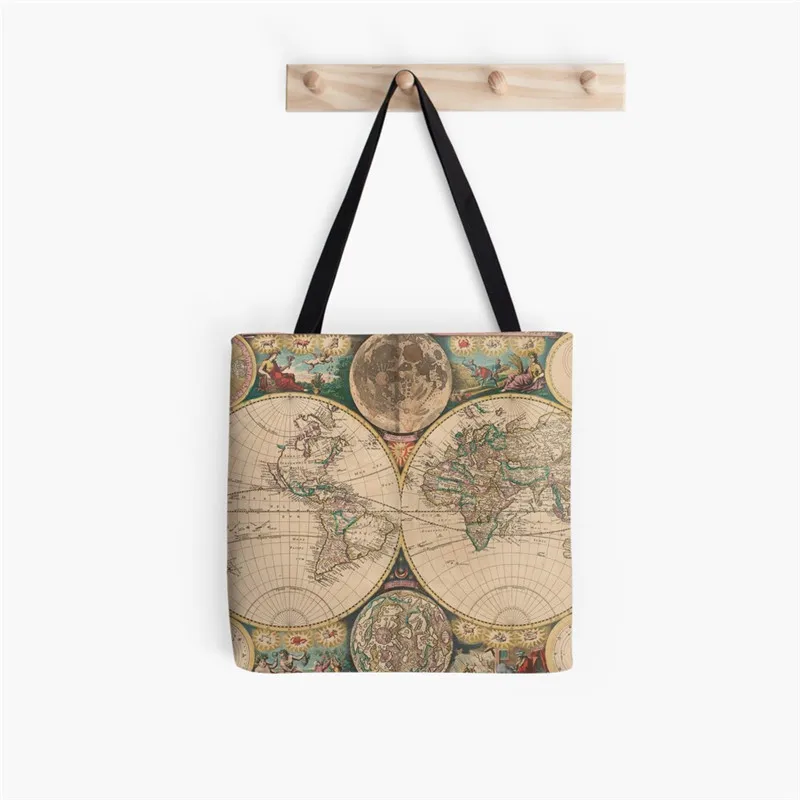 Забавная винтажная Сумка-тоут с картой мира, женская сумка-тоут с принтом в стиле Харадзюку, Женская холщовая сумка-шоппер на плечо