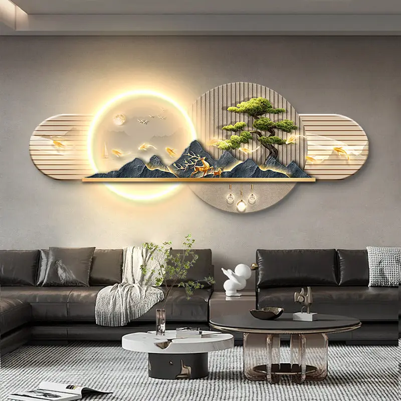 Luxury Nine Fish Graph Luminous Mural Entrance Decorative Painting Wall Decor Aesthetic Living Room Corridor LED Light Painting