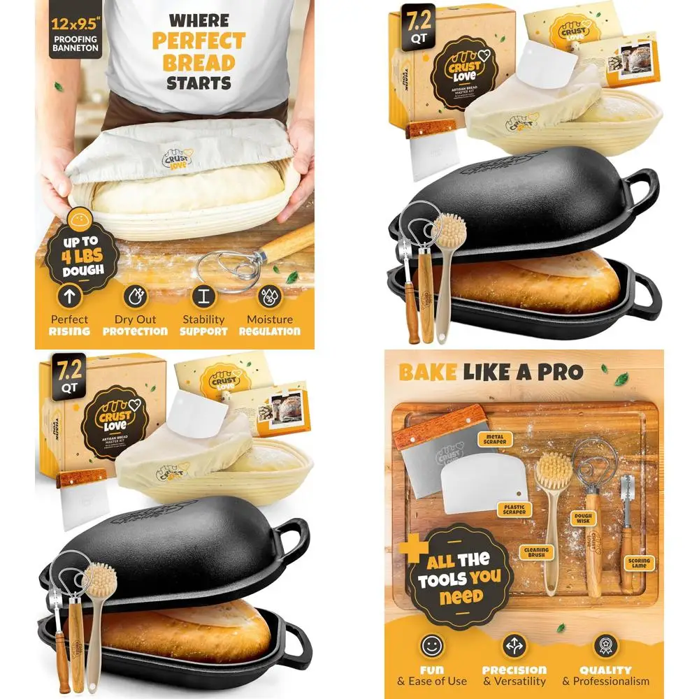 

Lidded Cast Iron Bread Pan with Sourdough Baking Kit - Banneton, Proofing Basket, 7.2 Quart Dutch Oven, Bread Scoring Lame