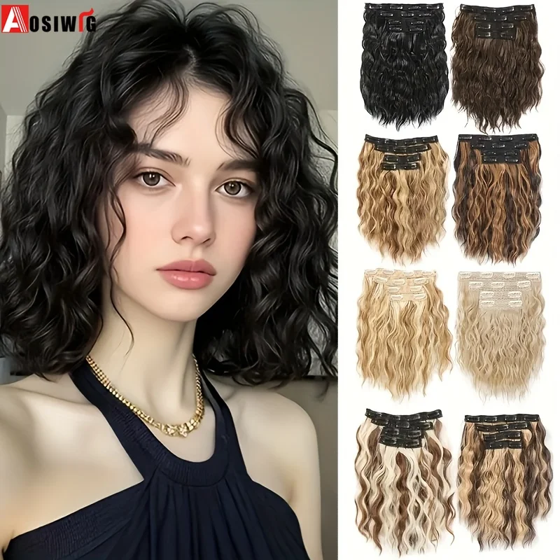 

Aosiwig Body Wave 4 шт. синтетические волнистые наращивание волос для женщин и девочек на клипсе, искусственные накладные шиньоны черного цвета, блондинка, повседневное использование для вечеринок
