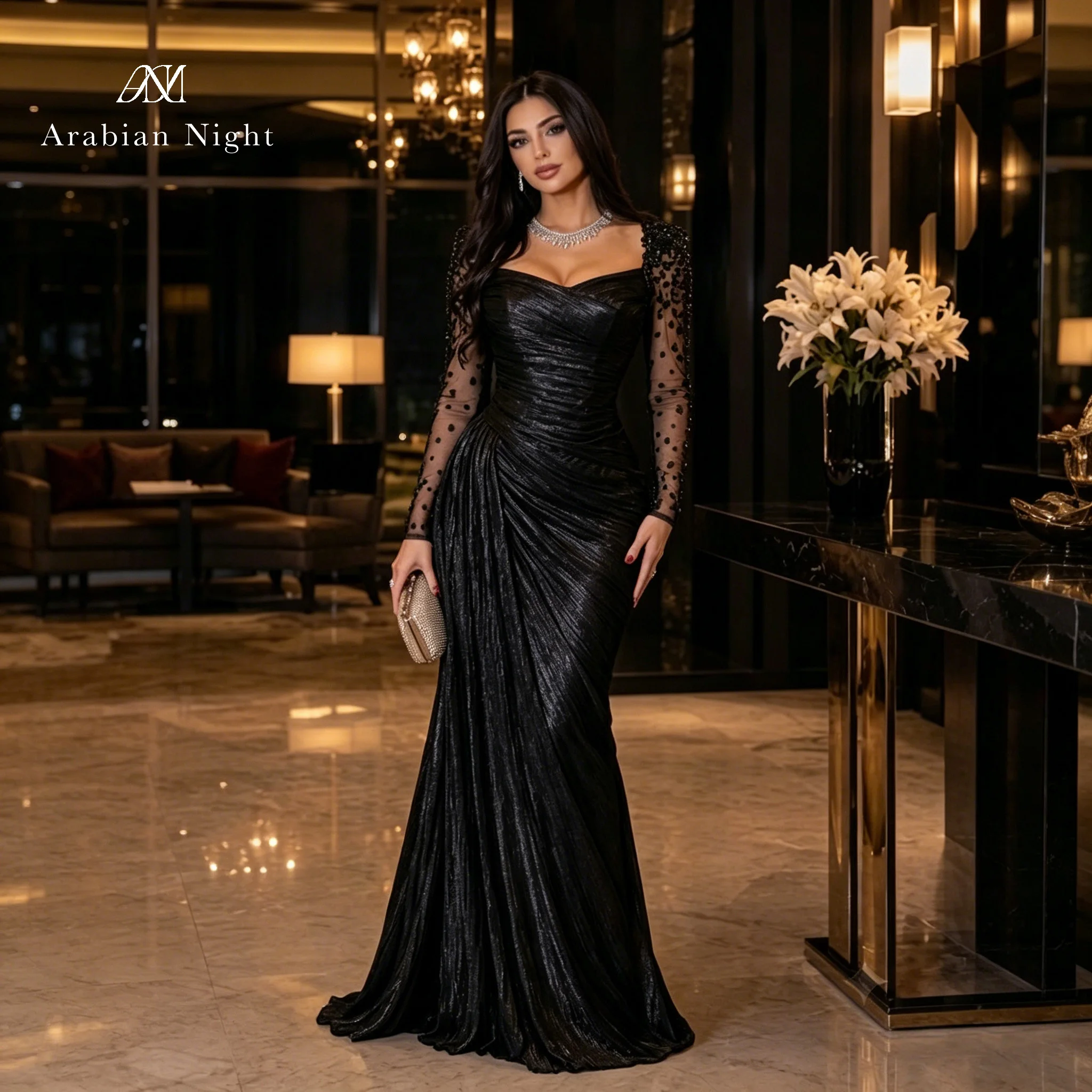 Elegant Multi Color Formal Gown Strapless Long Sleeve Floor Length Fishtail Dress with Beaded Embellishments Ideal for Proms image 3