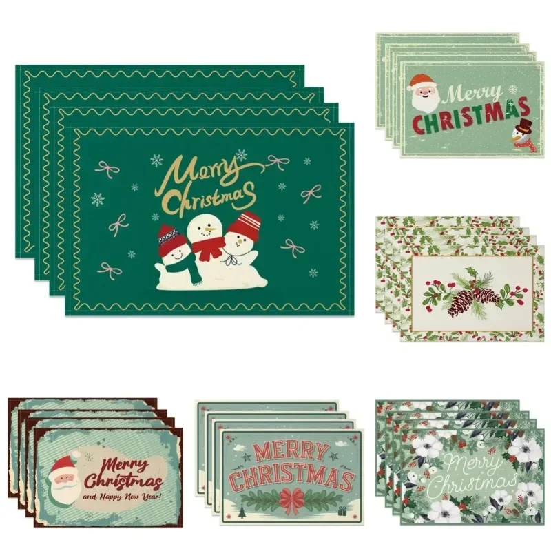 2025 Christmas Placemats Snowman Santa Pinecone Green Theme Holiday for Xmas Decor Linen Washable Christmas Tableware Decoration