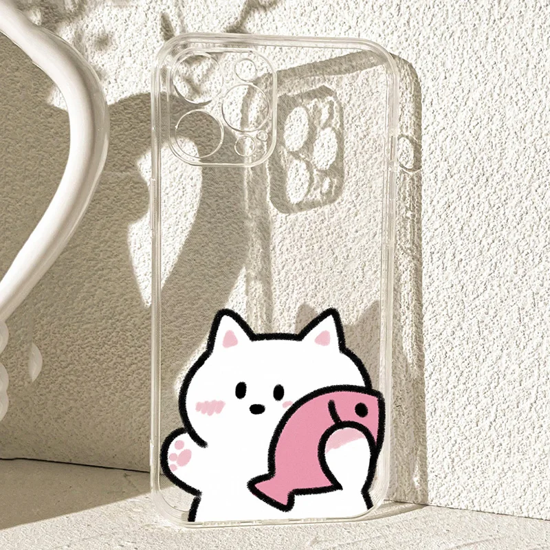 Transparent Cute Animal Cat Fish Couple Phone Case For iPhone 16 15 14 13 12 11 Pro Max Plus 17 Air 13Mini Shell Cover Fundas