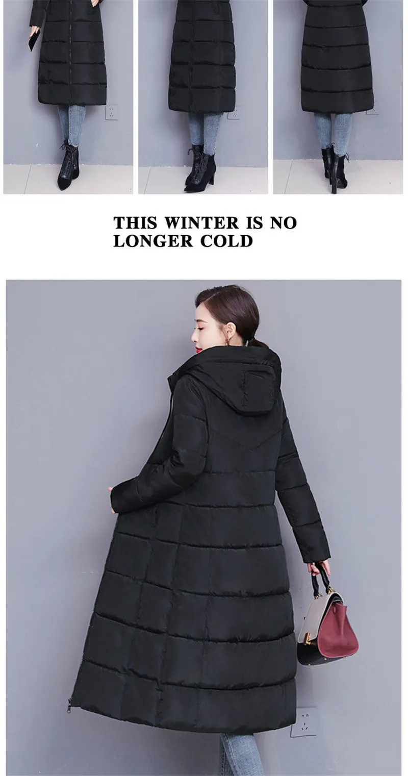Winter 2023 New Down Cotton-Padded Jacket Long Loose Fashion Coat Thickened Outerwear Warm Zipper Hooded Solid Color Overcoat