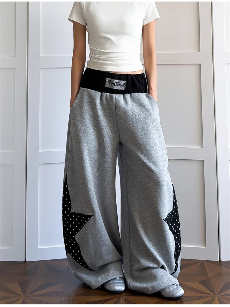 Women's Color Collision Splicing Stars Casual Pants Unisex Wide Leg Sweatpants Sports Bottoms Female High Waisted Trousers