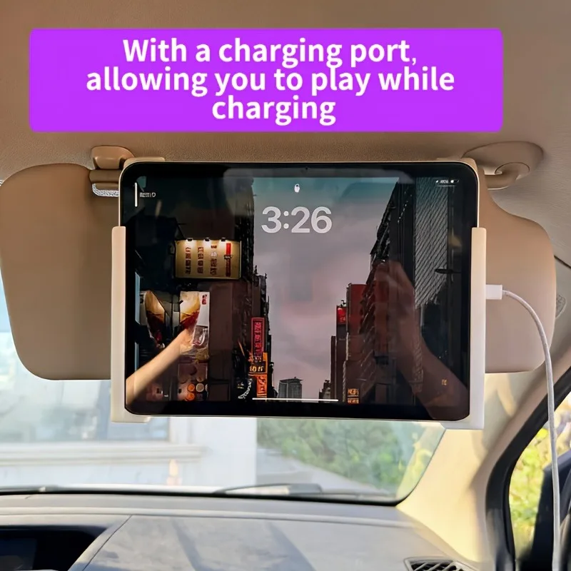 Universal Car Sun Visor Phone Tablet Holder USB Charging Port L Shaped Clip ABS Hands Free Design