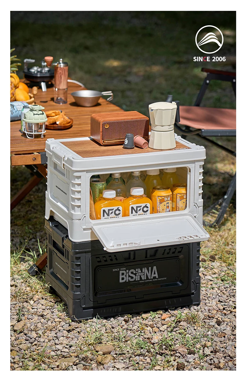 BISINNA Camping Box 30L/60L Large Capacity Folding Storage Box Car Trunk Wooden Lid Home Bedside Table for Outdoor Picnic Travel