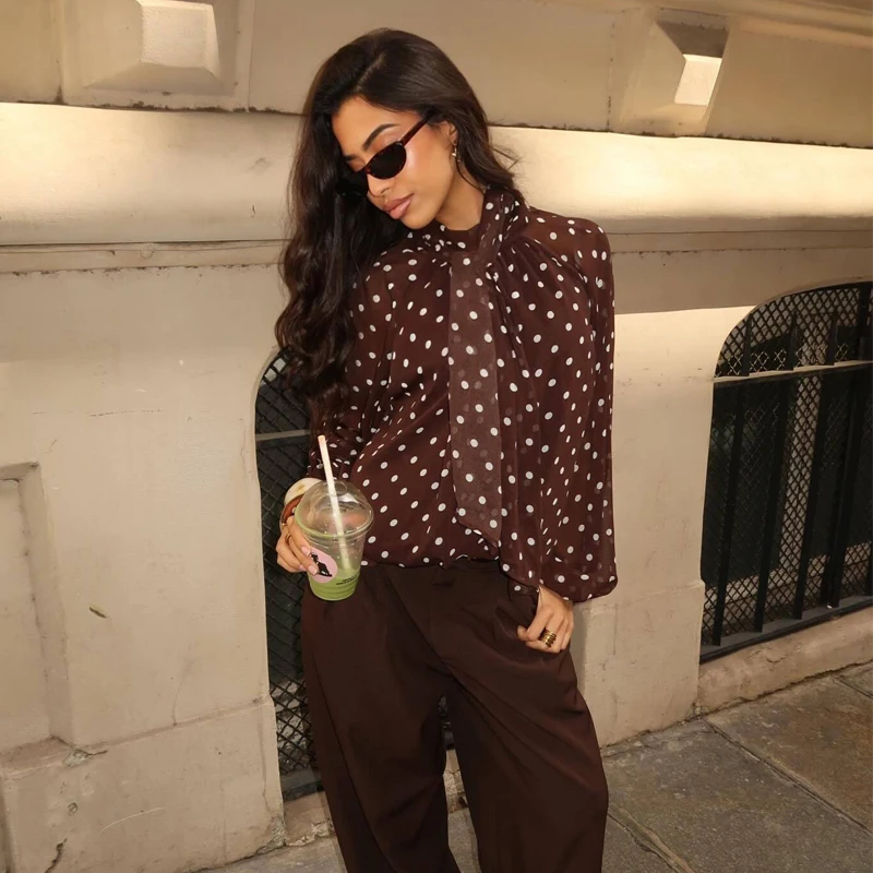 

ZOCI Polka Dot Woman Blouses and Tops Semi Sheer Summer Women's Blouse Retro Bow Casual Blouses for Women Long Sleeve Top Women