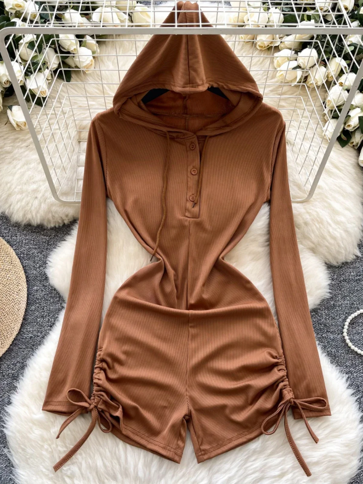 Foamlina Solid Color Casual Hooded Long Sleeve Jumpsuit Women's 2025 Spring Drawstring Fried Street Short Pants Bodysuits Top